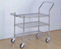 Chariot à trois niveaux en fil métallique chromé avec poignée de poussée, chariot robuste réglable pour entrepôt, magasin, rangement domestique