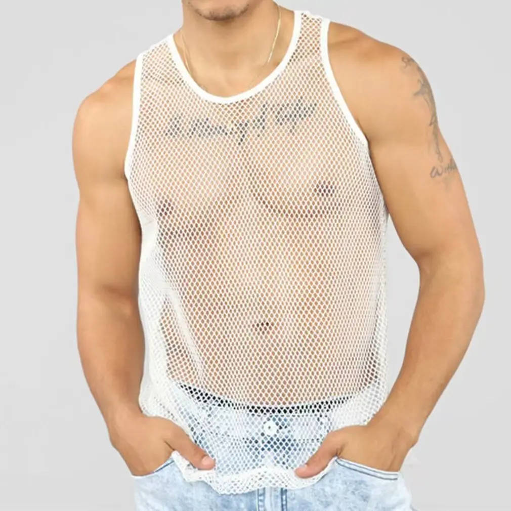 King Mcgreen Star Men Summer Sexy Sheer Mesh Tank Tops See-through Fishnet Slim Fit Tank Vest Male Gym Muscle Tanks Tops Tee