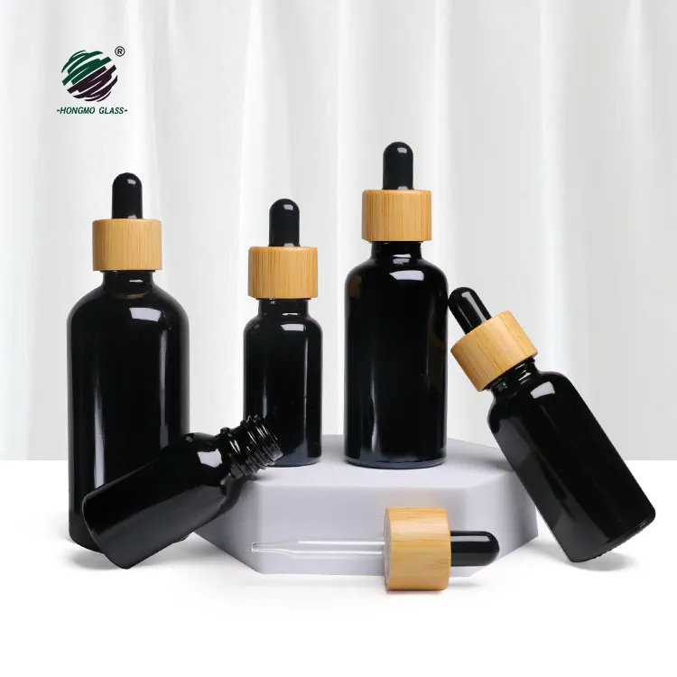 Kustom Pabrik 10ml 15ml 20ml 30ml 50ml 100ml botol penetes botol minyak esensial hitam Glossy terang untuk Serum Perawatan Kulit