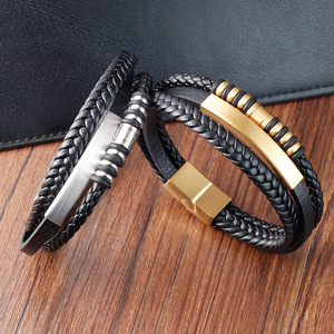 Men's Braided <b>Leather</b> <b>Bracelet</b> with 18K PVD Gold Plated Stainless Steel bar & Magnetic Clasp | Stylish Wristband for Casual Wear - Product Image 2