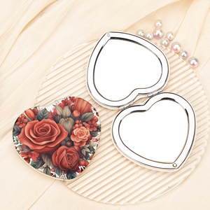 Miroir de poche compact en cuir PU imprimé floral rose rouge vintage, cadre chromé argenté, double face, verre HD, vente en gros - Product Image 3