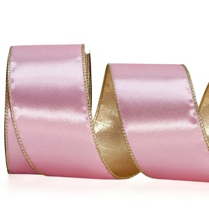 Ruộng băng satin hai mặt màu hồng, mật độ cao, 63mm, 100% polyester, tùy chỉnh hai mặt, viền kim tuyến, dùng cho Giáng sinh - Product Image 1