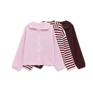 Suéter de Punto con Cierre de Doble Cremallera a Rayas de Moda <span class=keywords><strong>Primavera</strong></span> 2026 ZATRHMBM, Suéter Cárdigan Retro Informal para <span class=keywords><strong>Mujer</strong></span> - Product Image 1