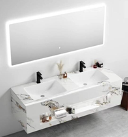 Ensemble de meuble-lavabo mural moderne en marbre avec double vasque, miroir LED intelligent et design de luxe à double bassin