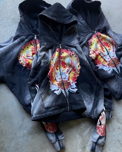 Custom Summer Breathable Zip Hoodies Unisex Acid Wash Vintage Oversized <b>Drop</b> Shoulder Cropped Heavyweight Dtg Print Rhinestone - Product Image 6