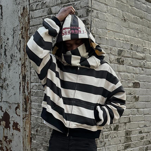 Manufacturer Custom Heavyweight Cotton French Terry Oversized Streetwear Stripe Double <strong>Hood</strong> <strong>Zip</strong> up Hoodies for Men - Product Image 2
