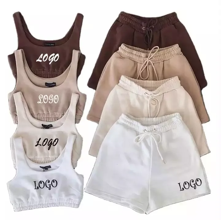 Custom logo knit Summer Clothing Crop top Two piece shorts Pants Set Joggers Sets Outfits 2 Piece Sweatsuit Sweat Short Set