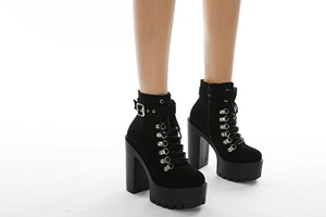 <span class=keywords><strong>Botas</strong></span> de gamuza para niña de invierno a la moda, Botines negros con correa en el tobillo, grueso Botines de tacón de 13 cm, zapatos de tacón alto para mujer - Product Image 2