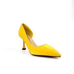 New Yellow Women's High Heels Sexy Pointed Toe Design with Side Opening Thin Wedges Made of PU Insole