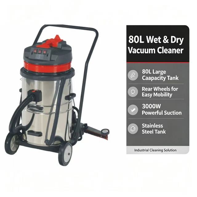 3000W 80L Stainless Steel Wet Dry Vacuum Cleaner Industrial Commercial Vacuum with Rear Squeegee Heavy Duty Cleaning Machine