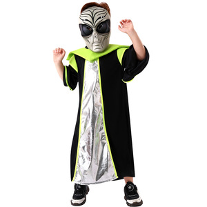 Disfraz de alienígena para niños con máscara, capa negra plateada, ribete azul, verde y morado para actuaciones de Halloween - Product Image 2