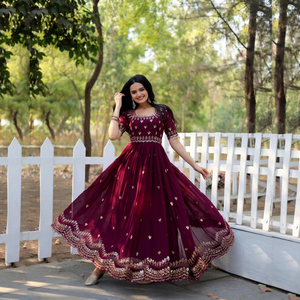 Robe Anarkali longue brodée bordeaux pour femme, tenue traditionnelle indienne et pakistanaise pour mariage, en polyester, coupe ample, toutes saisons - Product Image 1