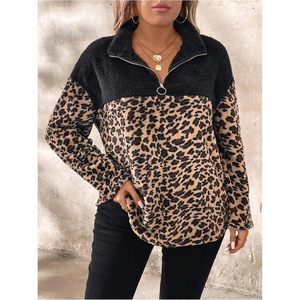 Sweat-shirt léopard pour femme, col zippé, manches longues, pull moelleux, style décontracté d'automne - Product Image 5