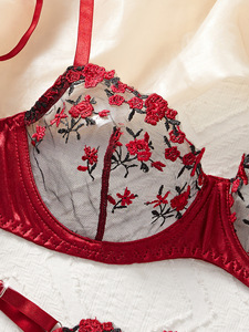 <b>Sexy</b> Rose Floral Embroidered Mesh Women Underwire Bra and Thong Push up Red Lingerie <b>Set</b> 2 Piece - Product Image 5