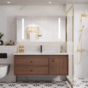 Armoire de salle de bain intégrée en bois massif, style moderne noyer céramique Bassin de style médiéval pour le lavage des mains et du visage Hôtels classiques - Product Image 3