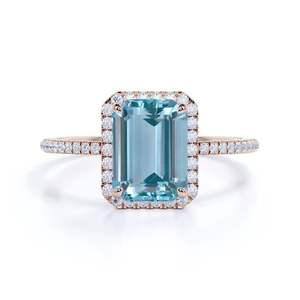 Plata de Ley 925, 1,50 quilates, corte esmeralda, Aguamarina y Diamante, anillo de bodas, anillo de compromiso y cumpleaños para ella - Product Image 3