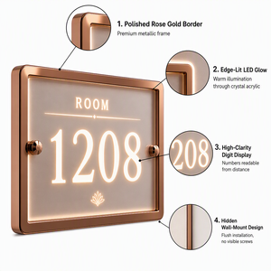 Letrero de Número de Habitación LED Acrílico Oro Rosa con Borde Iluminado, Montaje en Pared, Número Personalizado, Placa para Puerta de Hotel, Pantalla Retroiluminada, Perforación - Product Image 2