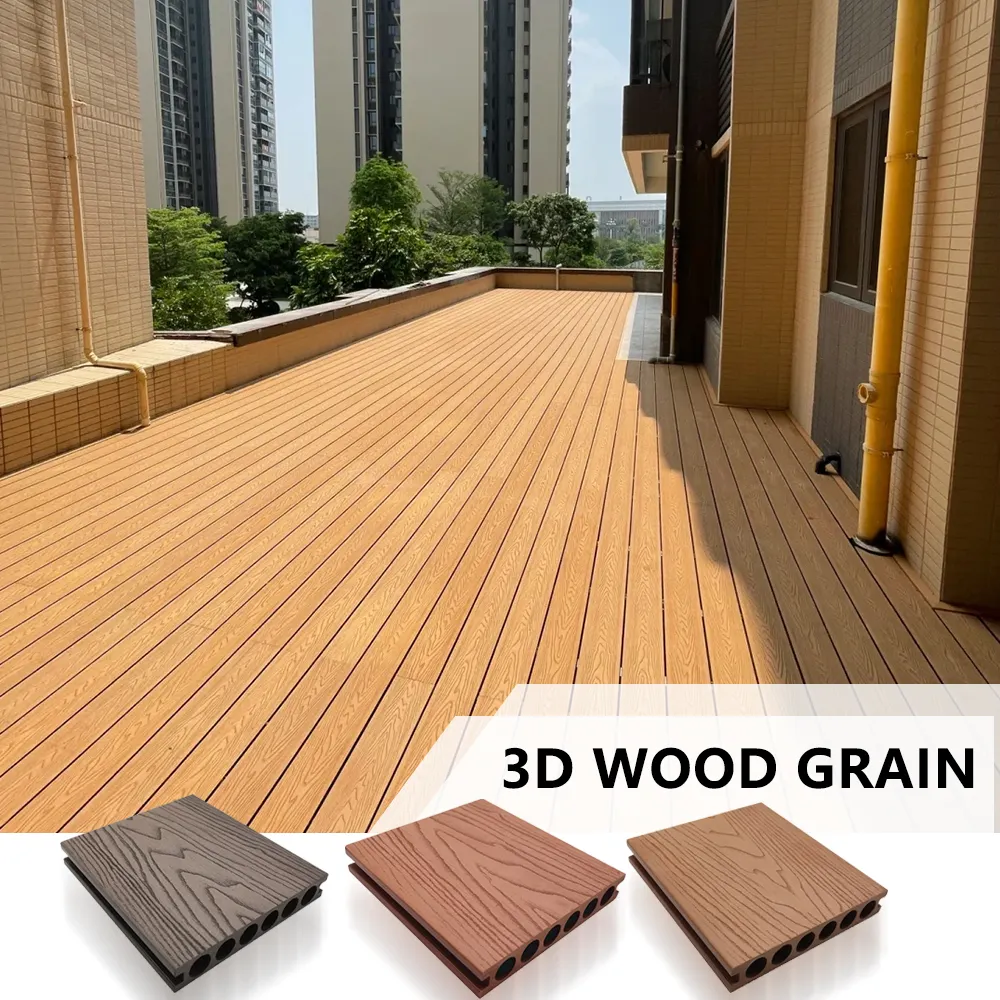 WPC al aire libre 3D profundo en relieve grano de madera Wpc Decking Patio plástico compuesto Decking para jardín
