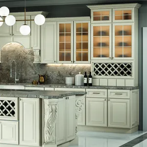 LIEN HOP Cottage Style Antiqur White Solid Wood Plywood MDF Kitchen Cabinets from Vietnam RTA with glass center panel