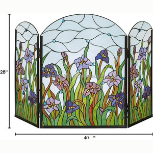 Écran de cheminée en vitrail 3 panneaux motif floral iris, décoration traditionnelle, forme cathédrale, décoration artistique pour salon - Product Image 4