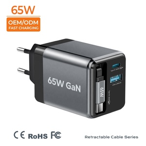<span class=keywords><strong>Chargeur</strong></span> GaN 65W PD3.2 avec câble Type-C rétractable, 2 ports, pliable, protection OTP/OVP pour ordinateur portable, téléphone, écouteurs - Product Image 1