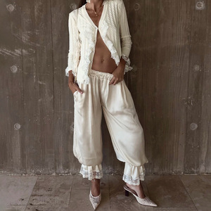 Pantalones Harem de Satén de Cintura Alta, Holgados y Cortos, con Volantes de Encaje y Parches, Transpirables, Pantalones de Suéter para Mujer - Product Image 2