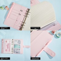 Carnet de notes A5 rigide en cuir PU avec 6 anneaux, rechargeable, pochettes pour cartes, 100 feuilles, journal rose mignon pour l'école, le travail, ou comme cadeau