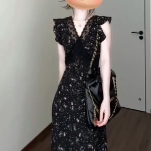 French Style Black V Neck Floral Lace Maxi Dress Women Empire Waist Long Skirt Breathable Summer Evening Dress - Product Image 2