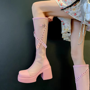 Bottes longues roses ajustées à semelle épaisse pour femmes, sandales en cuir et tulle, collection Printemps/Été 2026, bottes ultra-hautes à talons aiguilles jusqu'au genou - Product Image 3