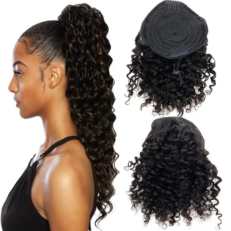 Natural Black Wavy Pony Tail Short Deep Curly Drawstring Ponytail Human Hair Brazilian Afro Clip In Extensions For Black Women