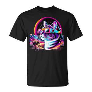 Camiseta sin mangas retro vaporwave con estampado de gato y gafas Eclipse para promociones - Product Image 1