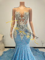 Robe de soirée scintillante à paillettes Ocstrade, sans manches, col rond, bleu, maxi, robe de bal élégante