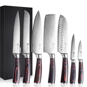 NS7 Conjunto de facas de cozinha para chefs de aço 5cr15mov, 7 peças, padrão ondulado, cabo de madeira Pakka, conjunto de facas de cozinha OEM, fornecedor dourado, mais vendido