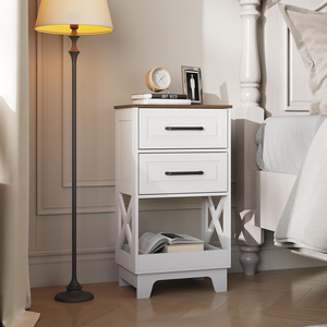 Set of 2 <strong>Tall</strong> Nightstands, 2-Drawer Wooden End Tables with Open Shelf, Rustic Modern <strong>Bedside</strong> <strong>Cabinets</strong> for Bedroom - Product Image 6