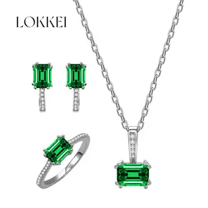 Factory Price 925 Sterling Silver Geometric Square Emerald Cut Green Zircon Stone Ring Earrings Necklace Jewelry Set Jewellery