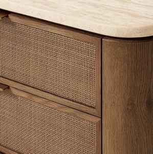 American-style Solid Wood High-<b>end</b> Luxury Bedside <b>Table</b>, with a Rattan Design on the Exterior and a Stone Tabletop. - Product Image 2