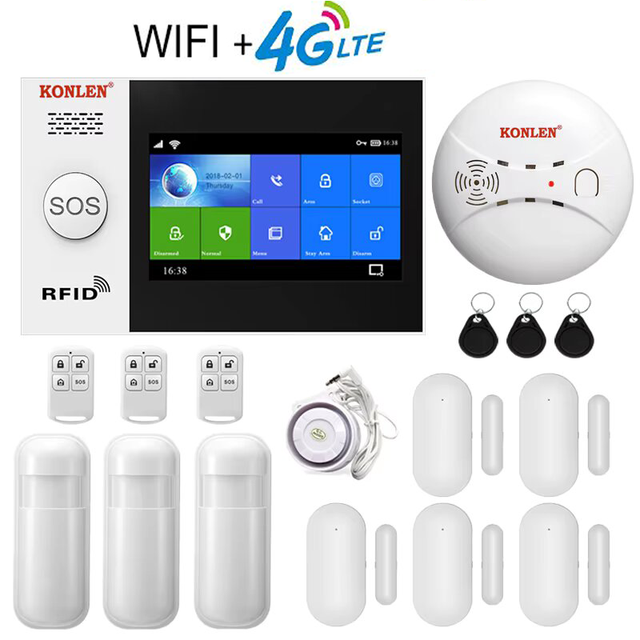 Tuya Smart Home 4G WIFI GSM Wireless Security Alarm System With Smoke Detector PIR Alarm Sensor KONLEN