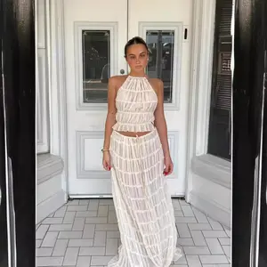 RedPeony kadınlar Backless Sling üst dantel Up Fold Maxi etekler 2024 İlkbahar yaz kadın 2 parça Set moda katı uzun etek Suit