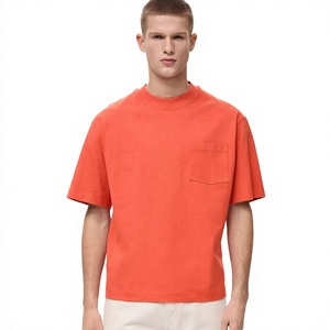 Men's <b>Orange</b> Short Sleeve O-Neck Boxy Fit <b>T</b>-<b>Shirt</b> Solid Color Casual Cotton Jersey Knit Regular Fit - Product Image 1