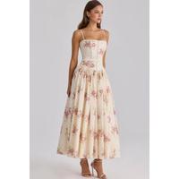 Nouvelle Robe Corset Plissée Mi-Longue à Bretelles Fines et Col Carré Taille Haute à Motifs Floraux pour Femme, Idéale pour les Fêtes à la Plage