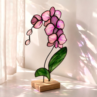 Vitrail Art Déco au design unique Orchidée rose Affichage floral élégant sur socle en bois pour la décoration intérieure ou les cadeaux