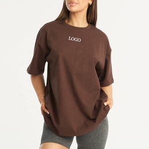 T-shirt da <span class=keywords><strong>donna</strong></span> personalizzate ecologiche in cotone riciclato <span class=keywords><strong>marrone</strong></span>, girocollo, per palestra e corsa, 100% cotone, vestibilità rilassata, traspirante, oversize - Product Image 1