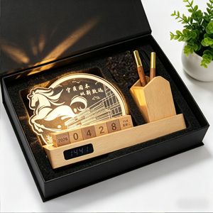 Deep Mountain Bamboo Wooden Perpetual Calendar Clock Pen Holder Desktop Ornament Office Gift - Product Image 4