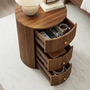 <strong>Mid</strong> <strong>Century</strong> Round End <strong>Table</strong> with 3 Storage Drawers Wood Storage <strong>Side</strong> <strong>Table</strong> Beside <strong>Tables</strong> Bedroom Closed Nightstand - Product Image 5