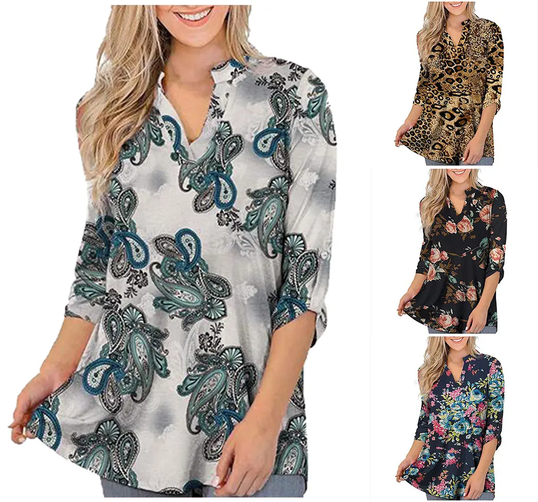 New Trend Floral Printed Tunic Tops 3/4 Sleeve V Neck Blouse Long Sleeve Multiple Colour Shirt for Women