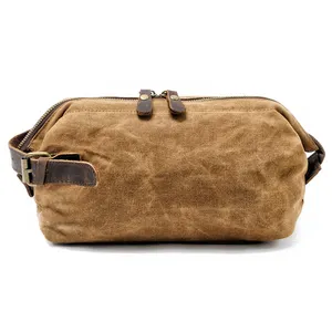 Canvas And Leather Men Toiletry Bag Water-resistant Kit Large Capacity Toiletries Bag Kit Functional Travel Bag