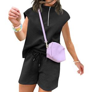 Conjunto de Dos Piezas de Verano para Mujer, Camiseta sin Mangas y Pantalones Cortos, Informal, Transpirable, de Punto, para Hacer Ejercicio o Descansar - Product Image 1