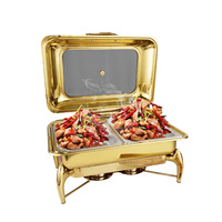 Ensemble de chauffe-plats électrique au gaz en acier inoxydable de luxe rectangle doré 9L pour buffet d'hôtels, fêtes et mariages