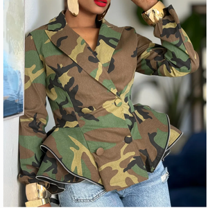Giacca da Donna Casual Autunno Inverno Stile Motociclista con Stampa, Maniche Lunghe, Bottoni e Volant Irregolari - Product Image 1