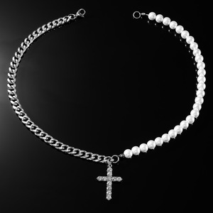 New Hot Selling Hiphop Style Retro Pearl <b>Cross</b> Pendant Necklace Personalized Design Men's Necklaces Fashion Jewelry Wholesale - Product Image 2